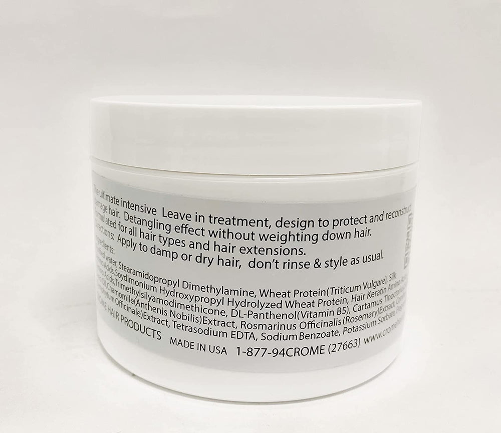 Crome Hair Food : application sans rinçage pour cheveux secs, colorés et abîmés.