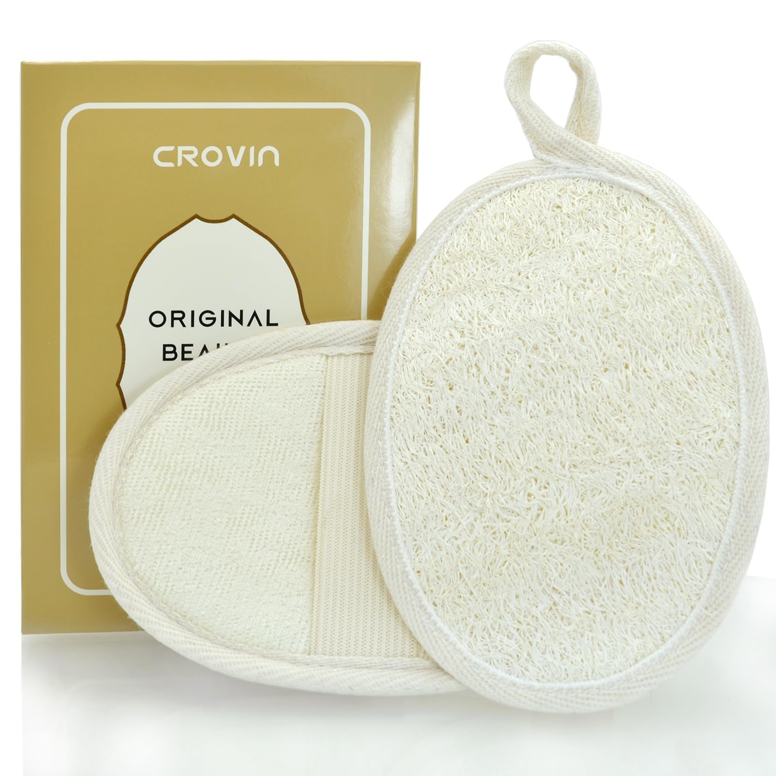 Le gant loofah CROVIN naturel pour une exfoliation douce et efficace du corps.
