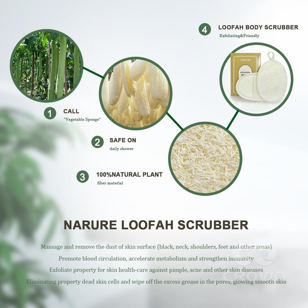 Éponge loofah CROVIN avec tissu terry pour une mousse riche et agréable.