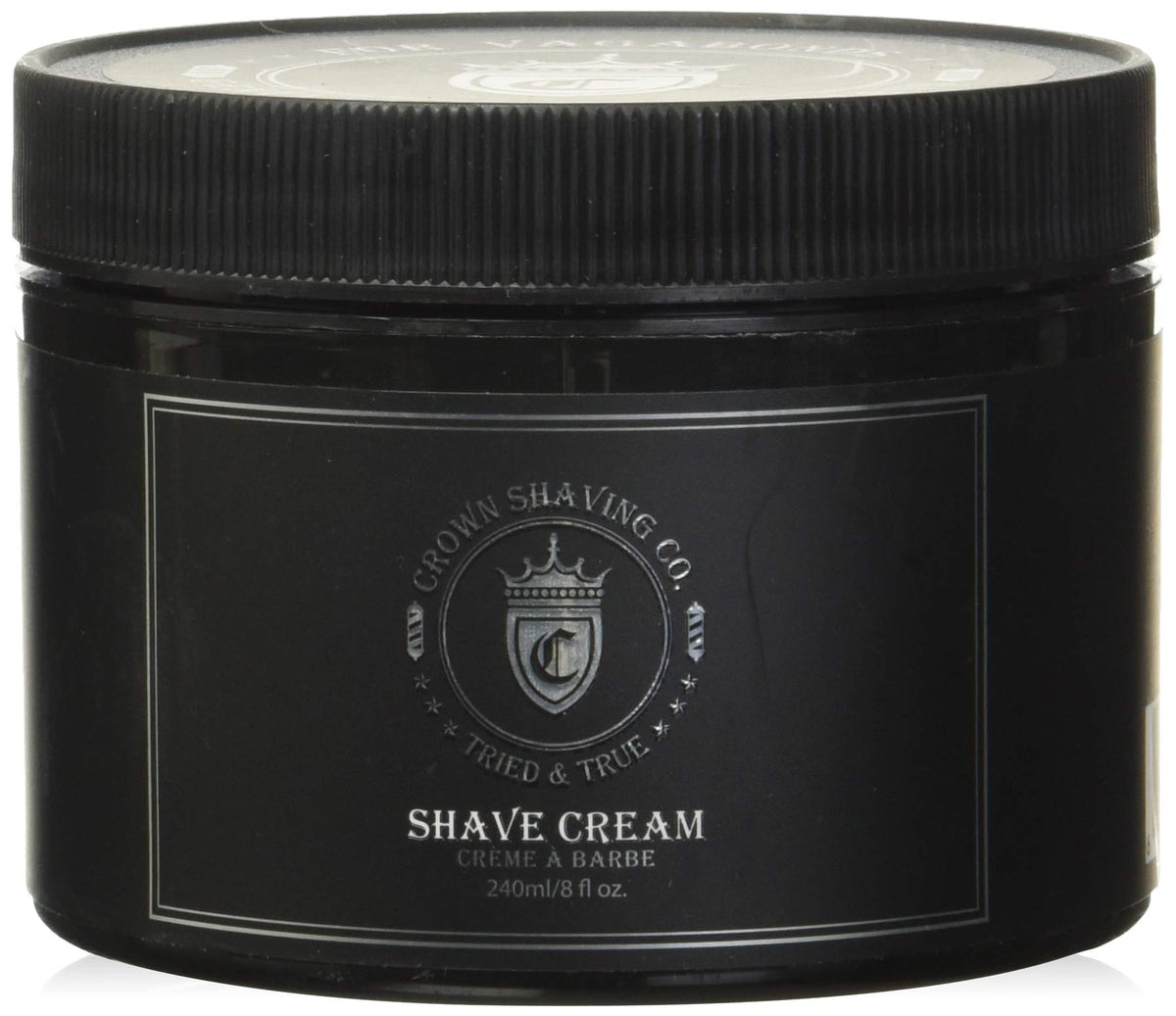 Crown Shaving Co crème rasage eucalyptus menthe en bouteille, texture riche pour rasage doux.