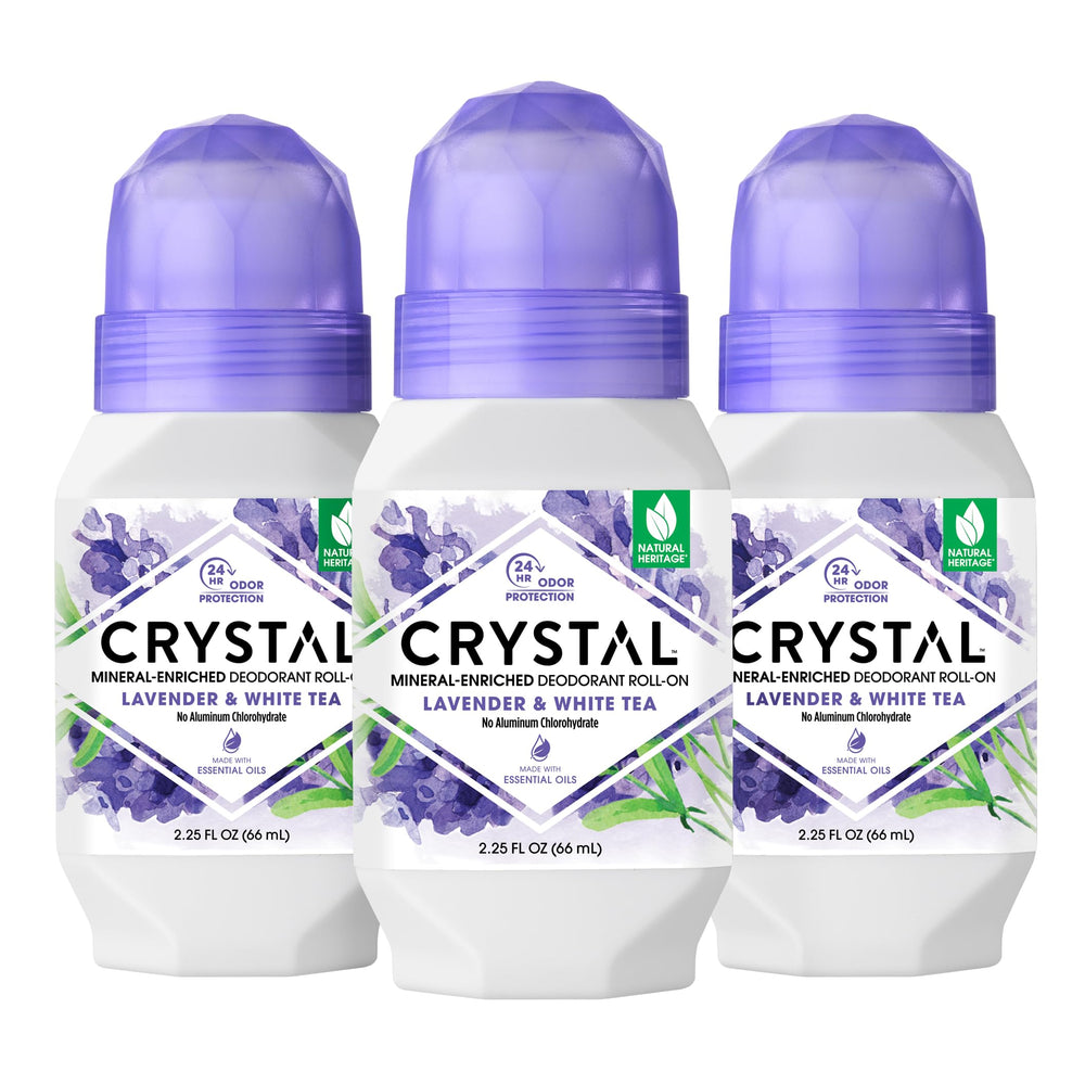 Crystal Déodorant Minéral Lavande et Thé Blanc, bouteille roulante et parfum apaisant.