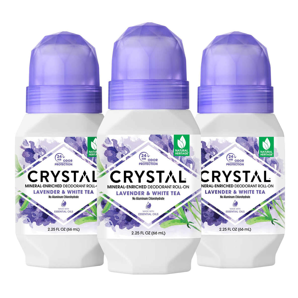 Crystal Déodorant Minéral Lavande et Thé Blanc, bouteille roulante et parfum apaisant.