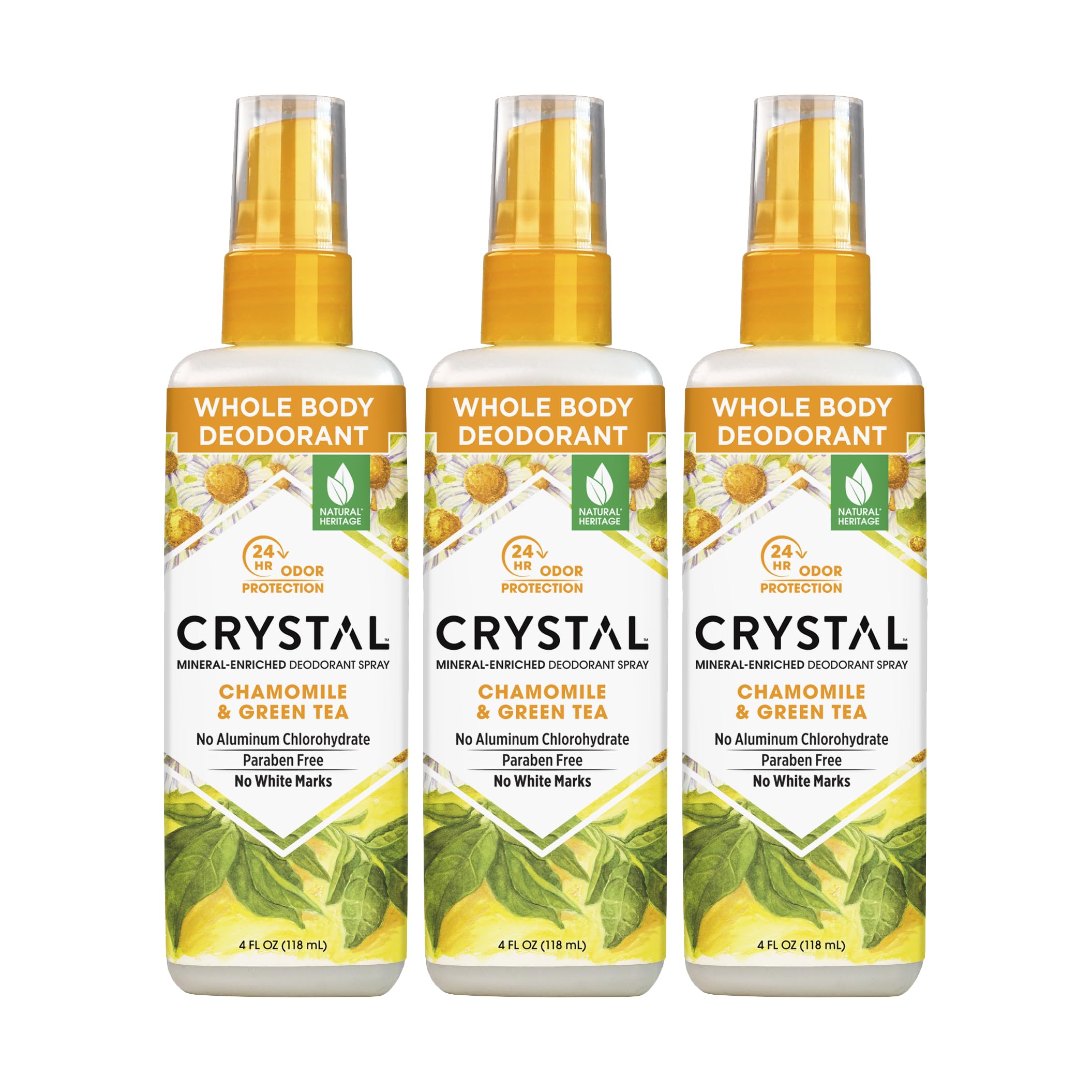Crystal Essence Déodorant Essence Spray camomille et thé vert, fraîcheur délicate.