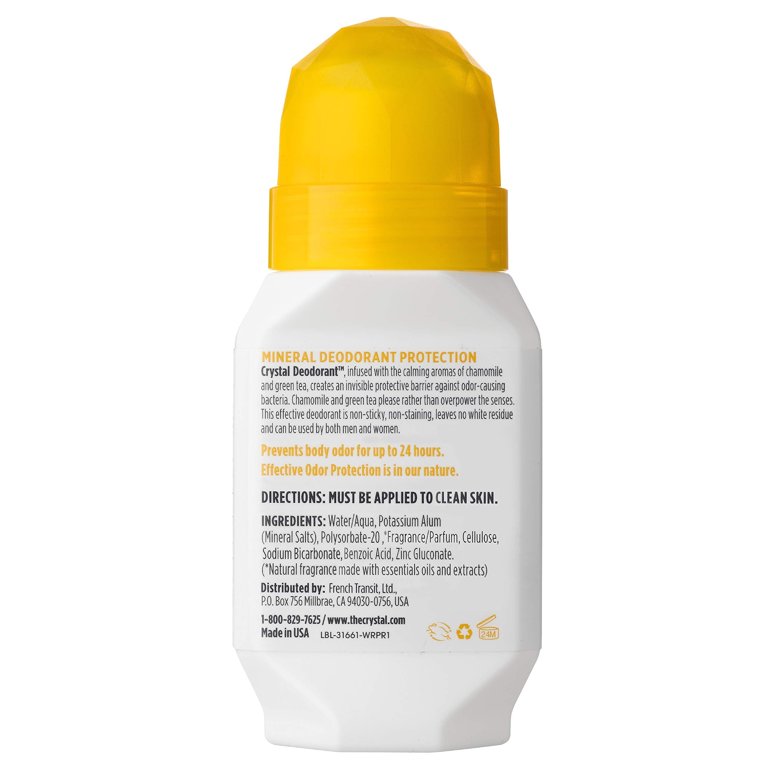 Crystal Essence déodorant minéral à bille roulante avec application précise.