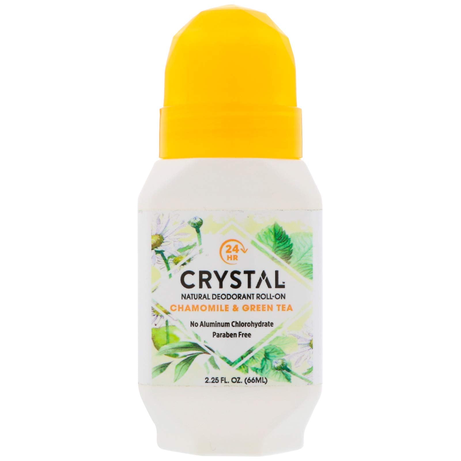 Crystal Essence déodorant minéral roll-on camomille et thé vert, douceur naturelle et fraîcheur durable