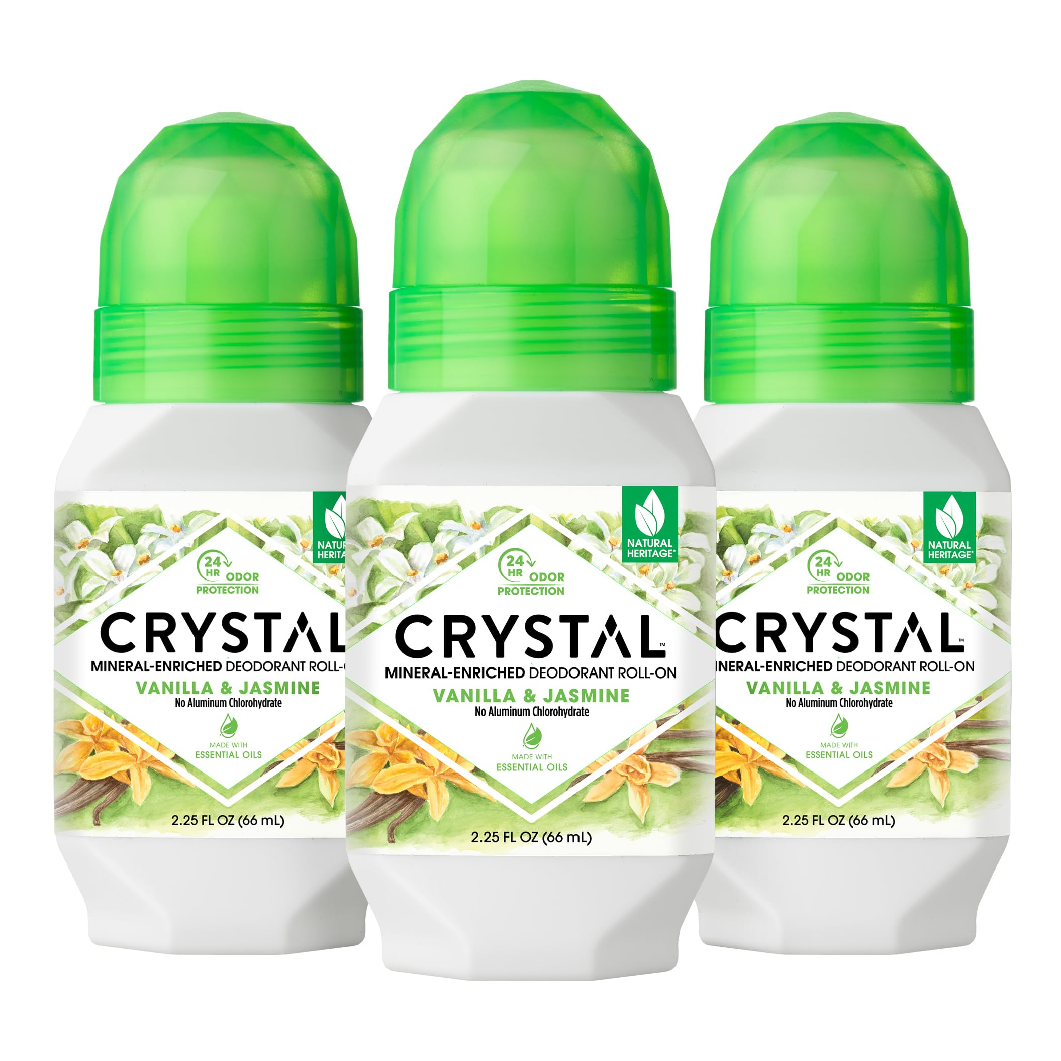 Crystal Essence déodorant minéral roll-on vanille jasmin, lot triple pratique.