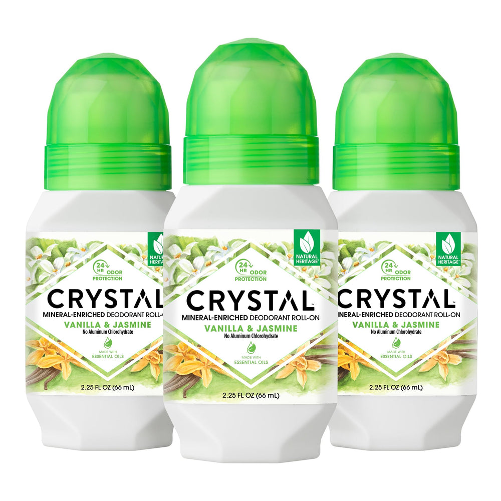 Crystal Essence déodorant minéral roll-on vanille jasmin, lot triple pratique.