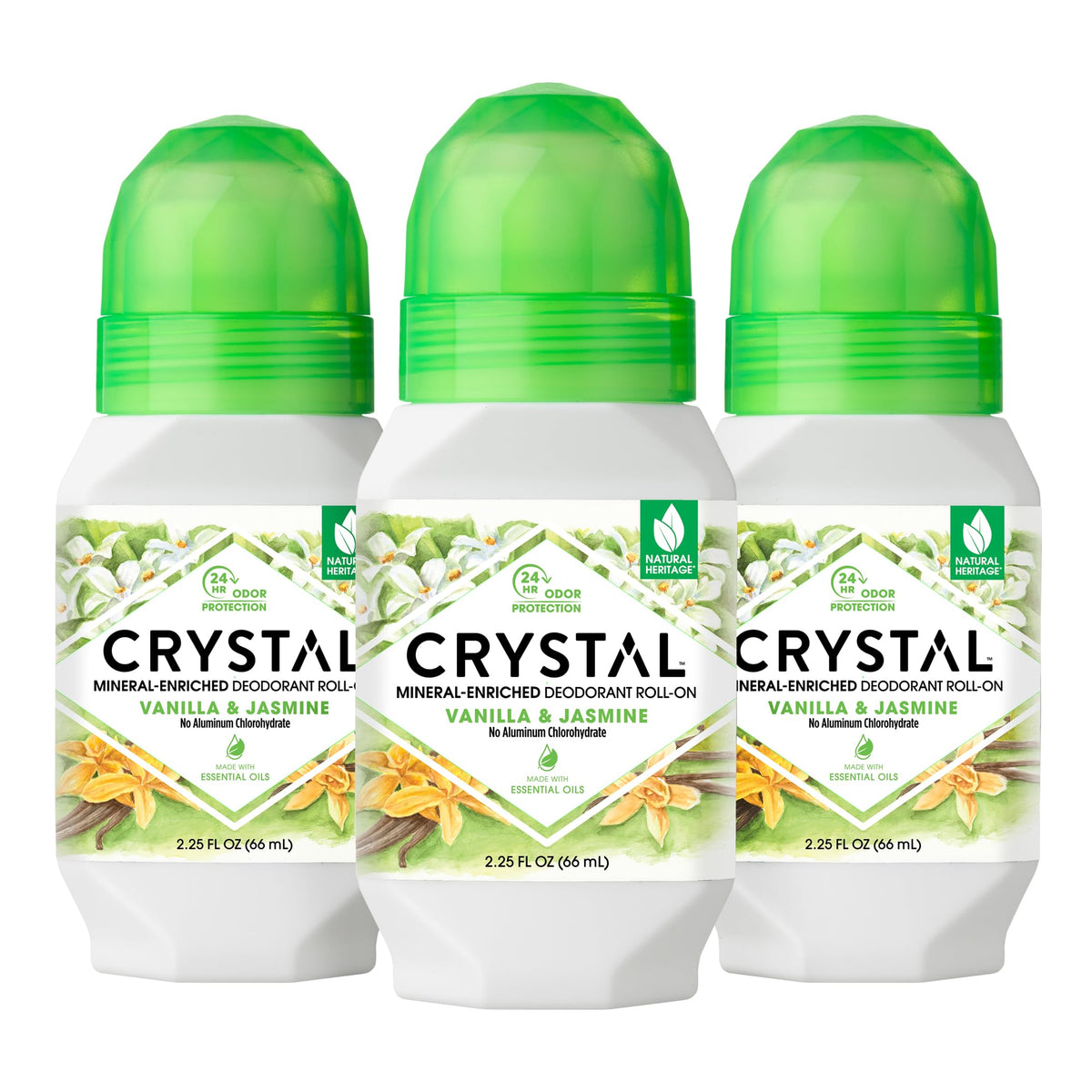 Crystal Essence déodorant minéral roll-on vanille jasmin, lot triple pratique.