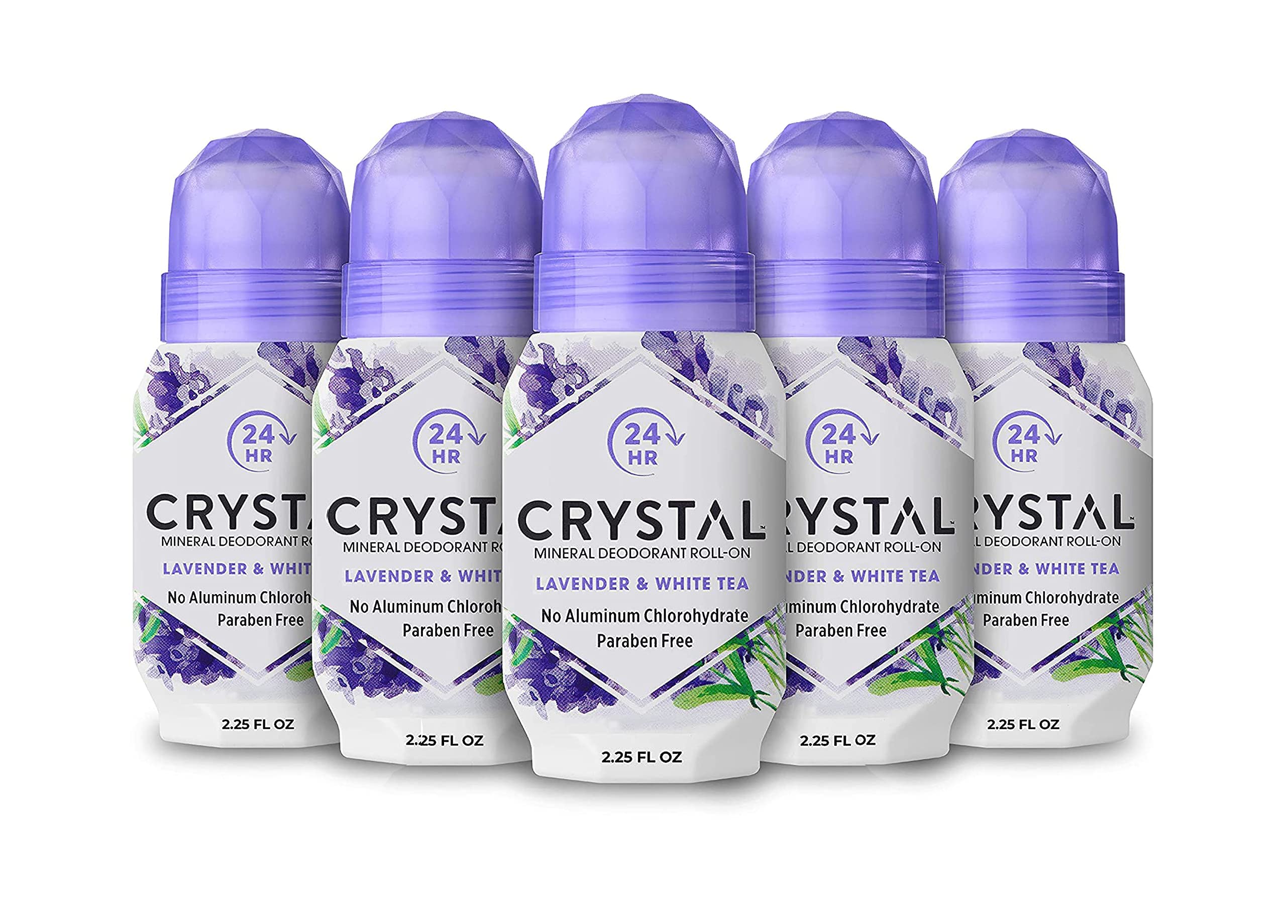 Crystal Essence déodorant roll-on lavande-thé blanc, bouteille prête à l'emploi pour une fraîcheur durable.