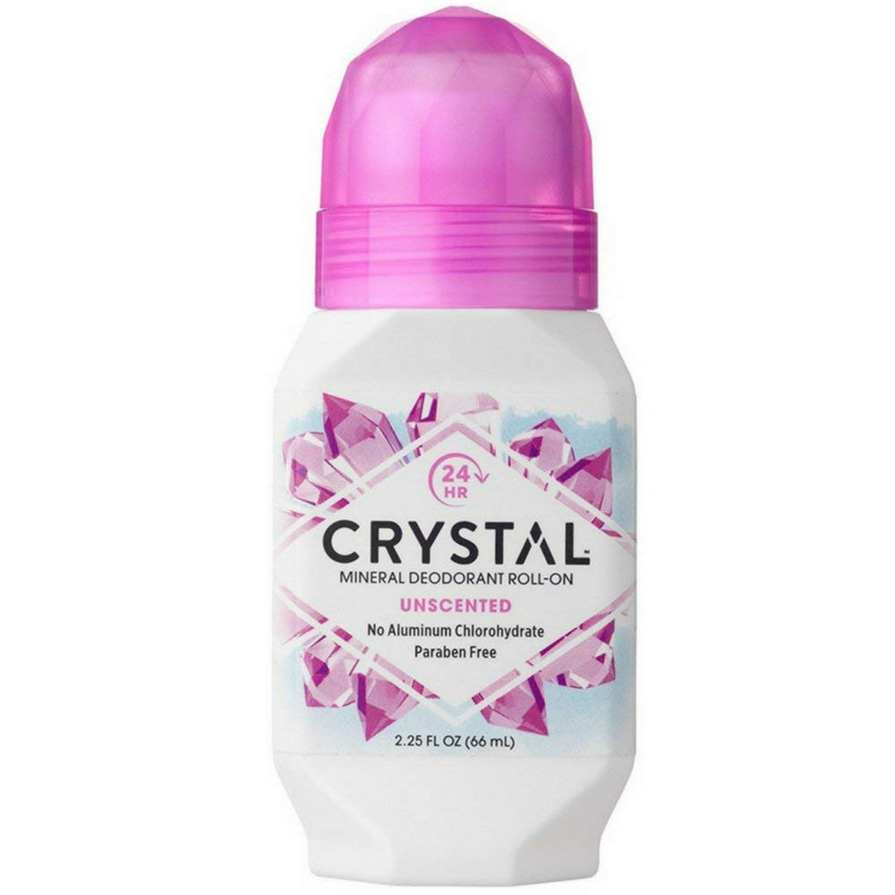 Crystal Essence déodorant roll-on minéral sans parfum, flacon de 66 ml, pratique au quotidien.