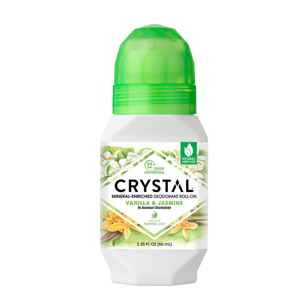 Crystal Essence déodorant minéral vanille jasmin en flacon, offre une protection discrète des odeurs.