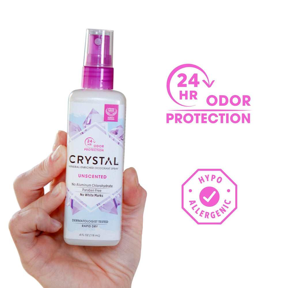 Crystal Essence Pulverisateur déodorant minéral: application facile et prévention des odeurs corporelles.