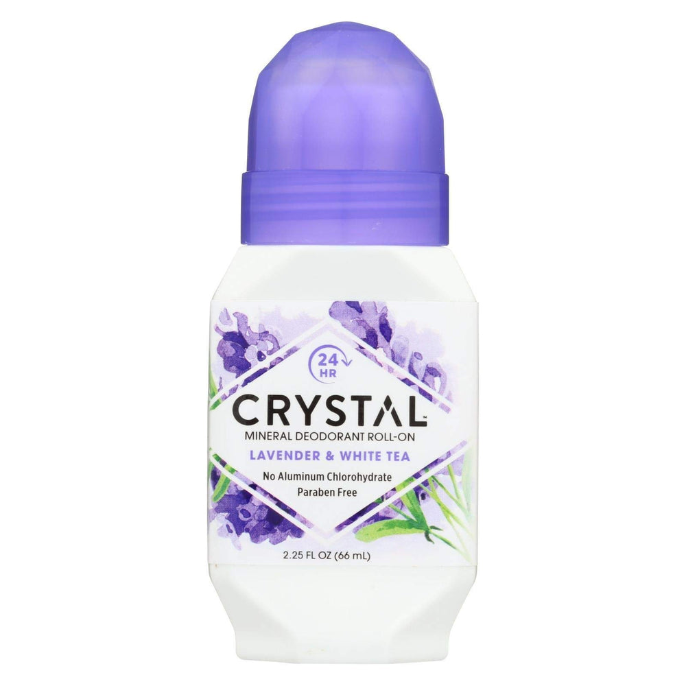 Crystal Essence Roll-On minéral Lavande et Thé blanc, contrôle des odeurs toute la journée sans résidu.