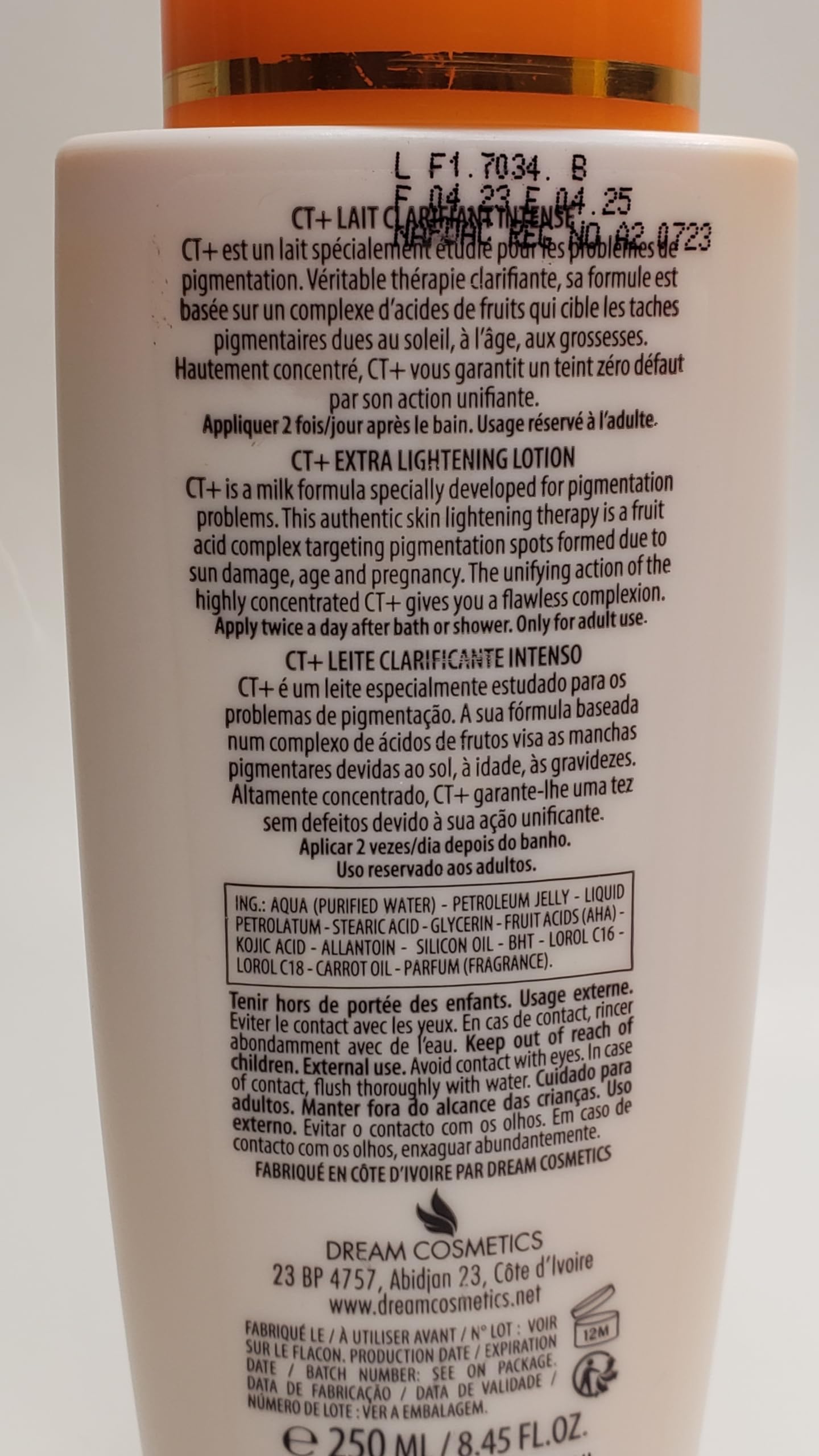 CT+ Clear Therapy lotion éclaircissante: hydratation durable et application facile.