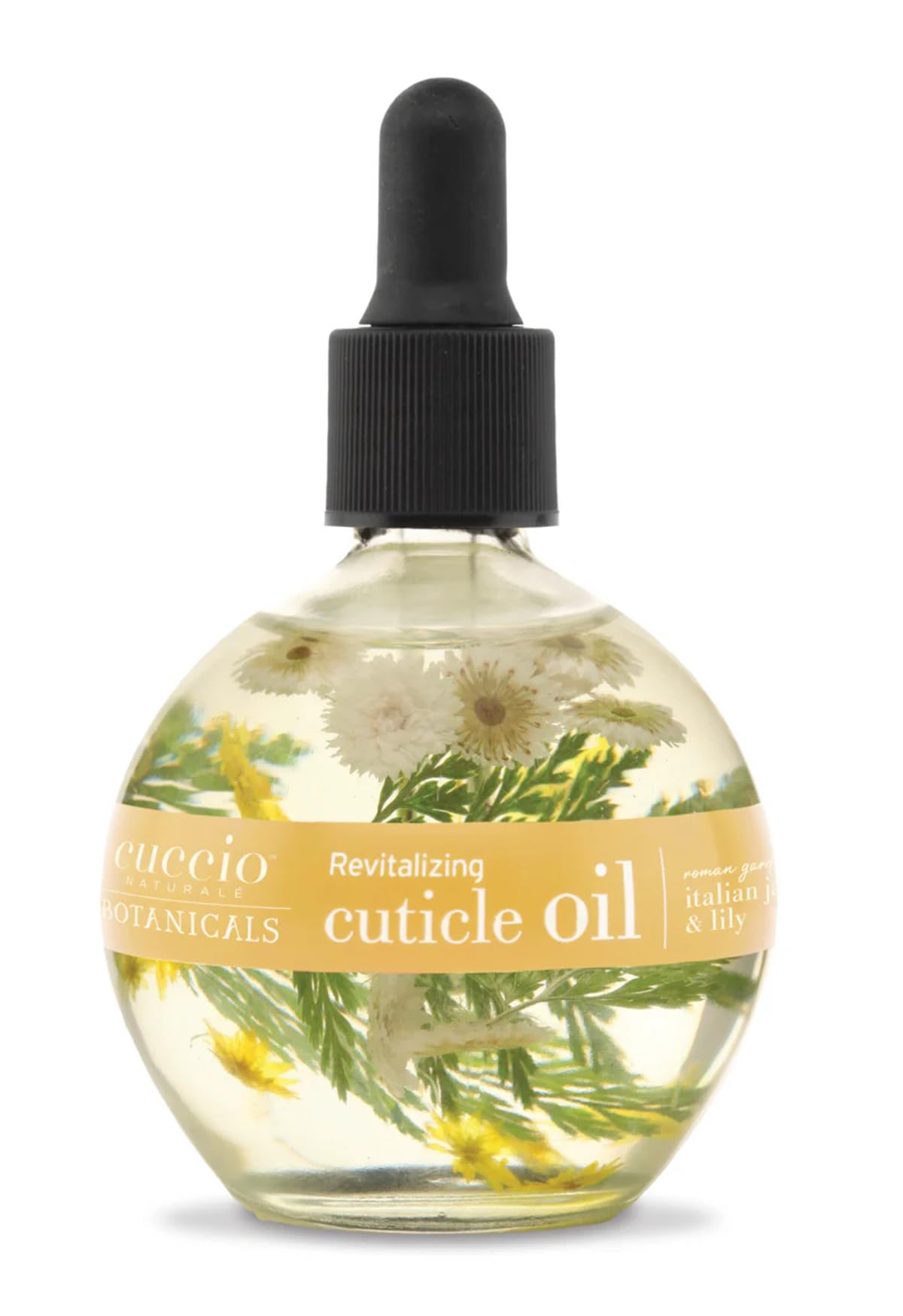 Cuccio Botanicals Roman Garden: bouteille-cuticule avec pétales réels offrant une hydratation luxueuse.