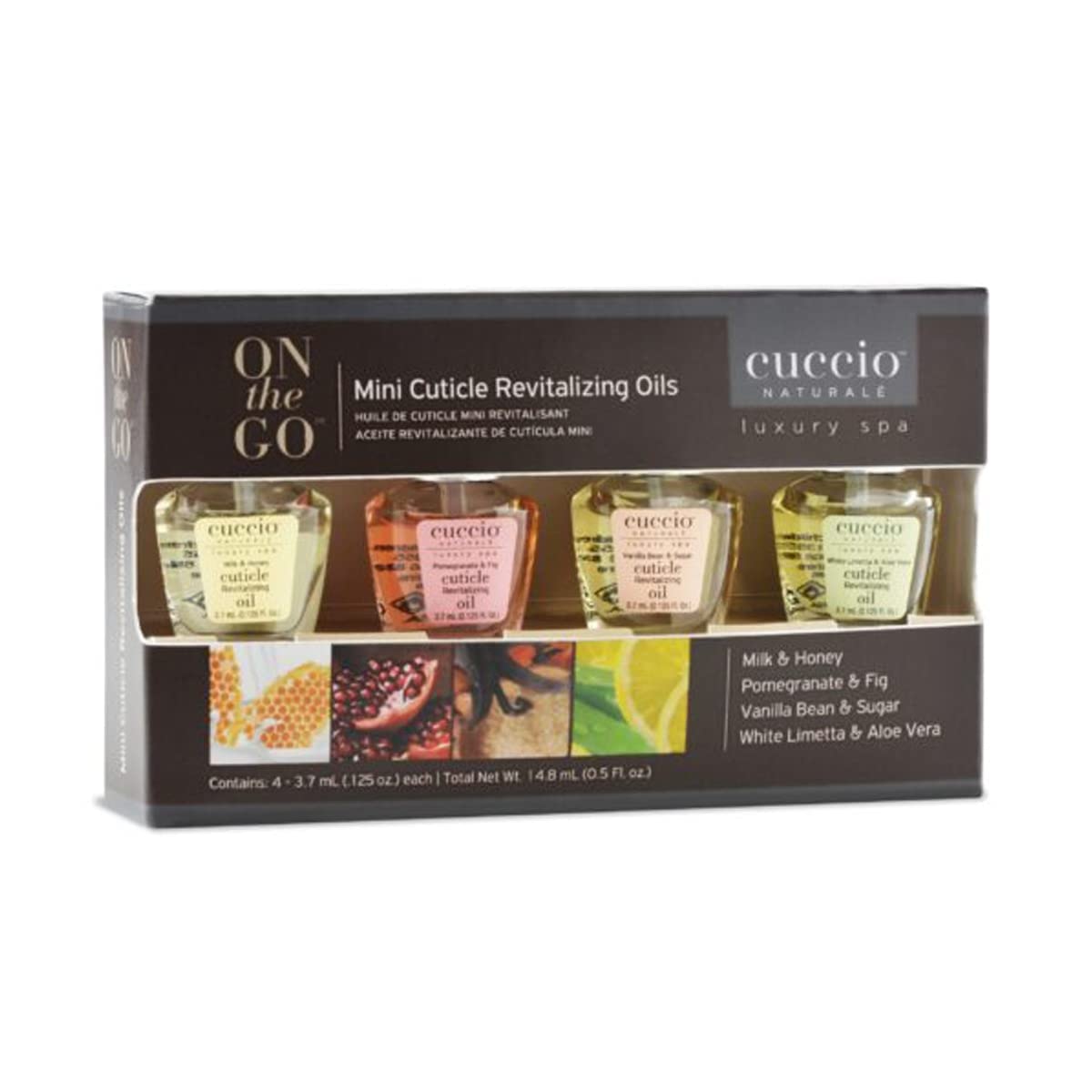 Cuccio Naturale Mini Huiles Cuticule – flacon lait et miel, hydratation douce.