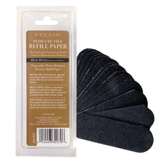 Cuccio Naturale recharges pédicure noires au grain 80 pour éliminer rugosités.