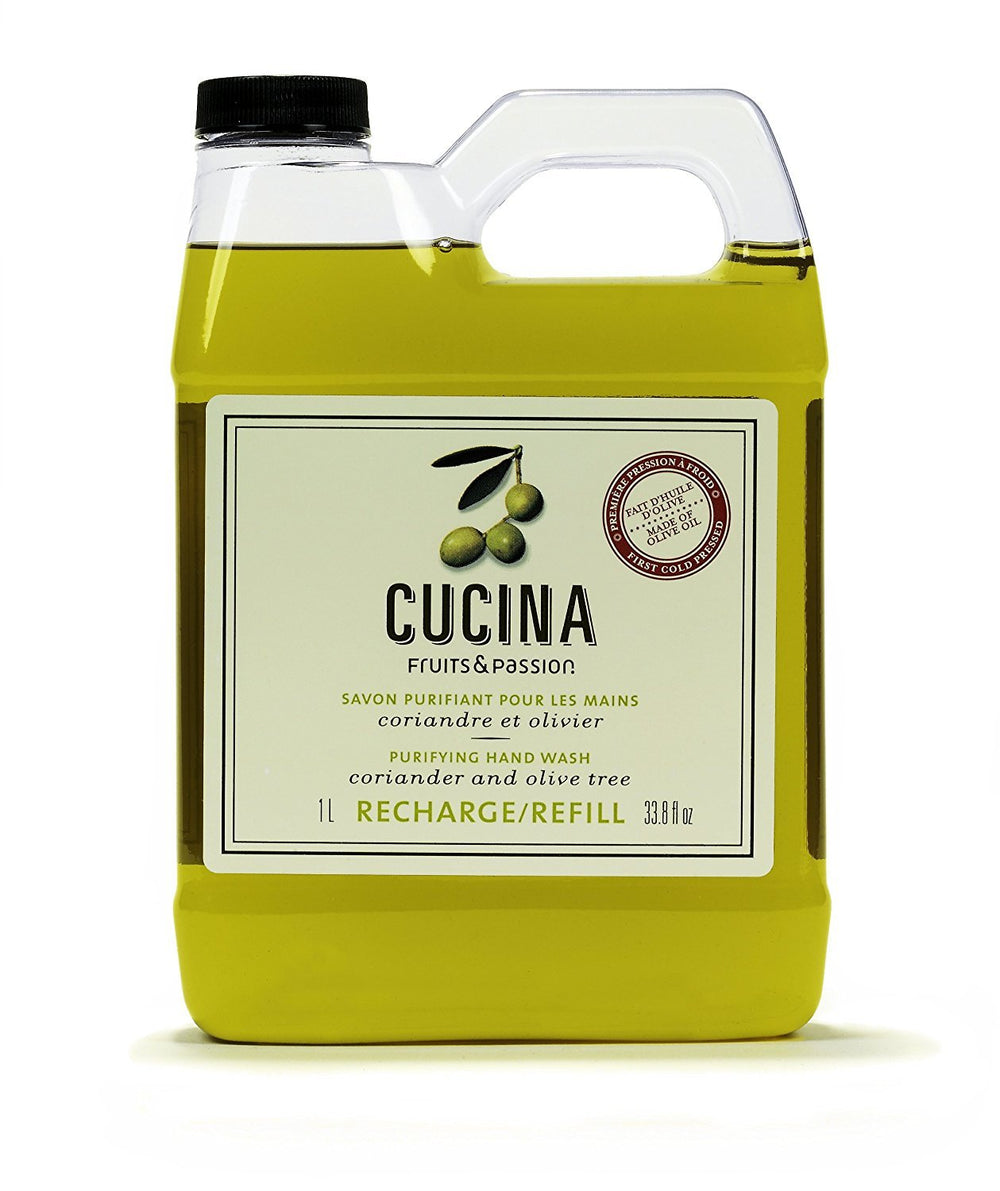 Recharge Cucina Fruits et Passion Mains purifiantes au parfum coriandre et Olivier, pratique pour cuisine propre