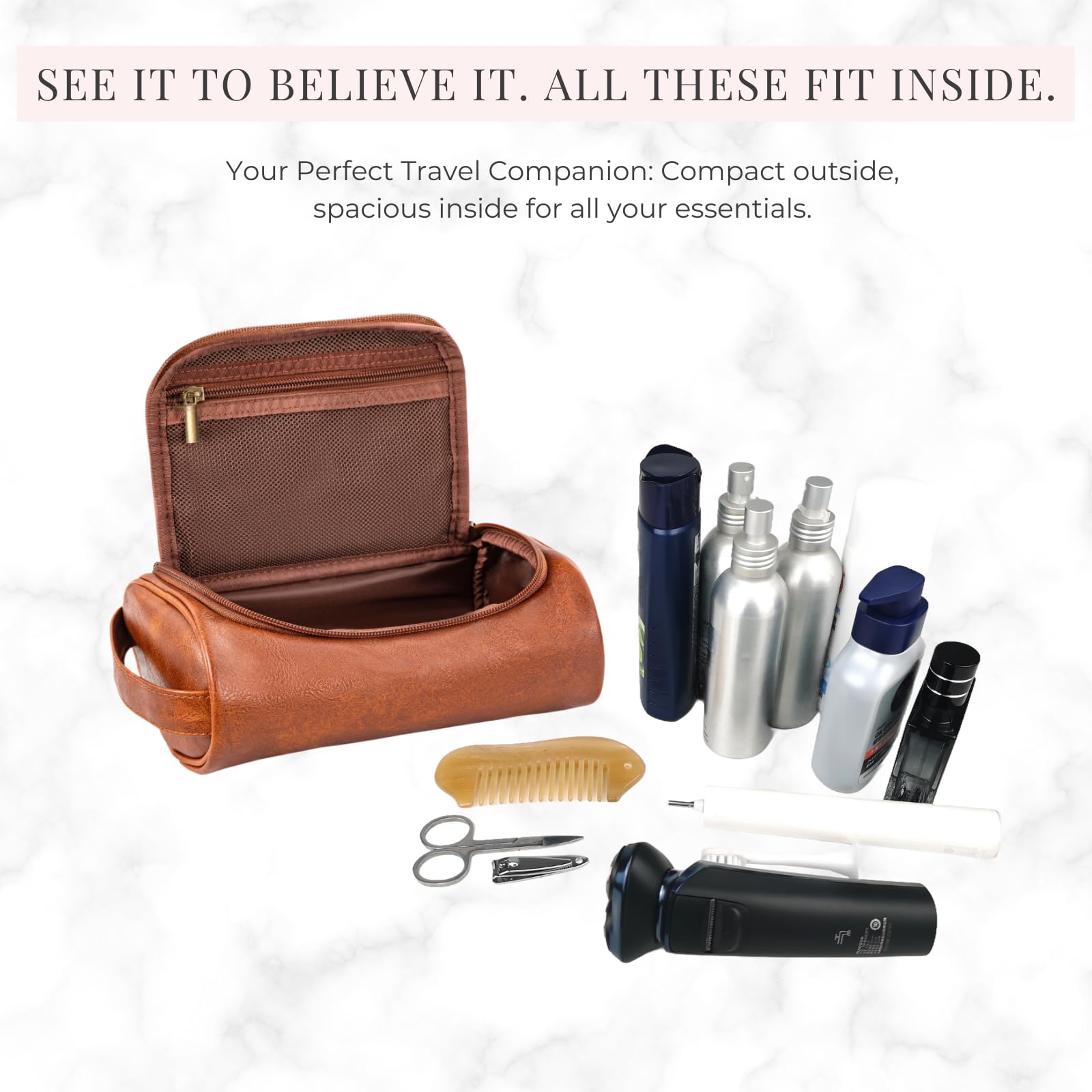 Cumbanho Mens Slim Dopp Kit — intérieur organisé pour rasoir et produits de soin en déplacement.