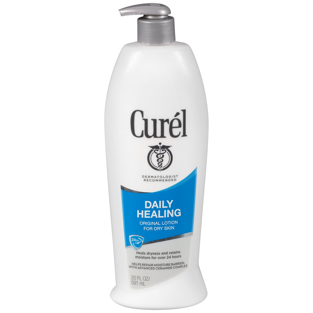 Curel flacon de lotion confort hydratante quotidienne, hydratation durable pour peau sèche.