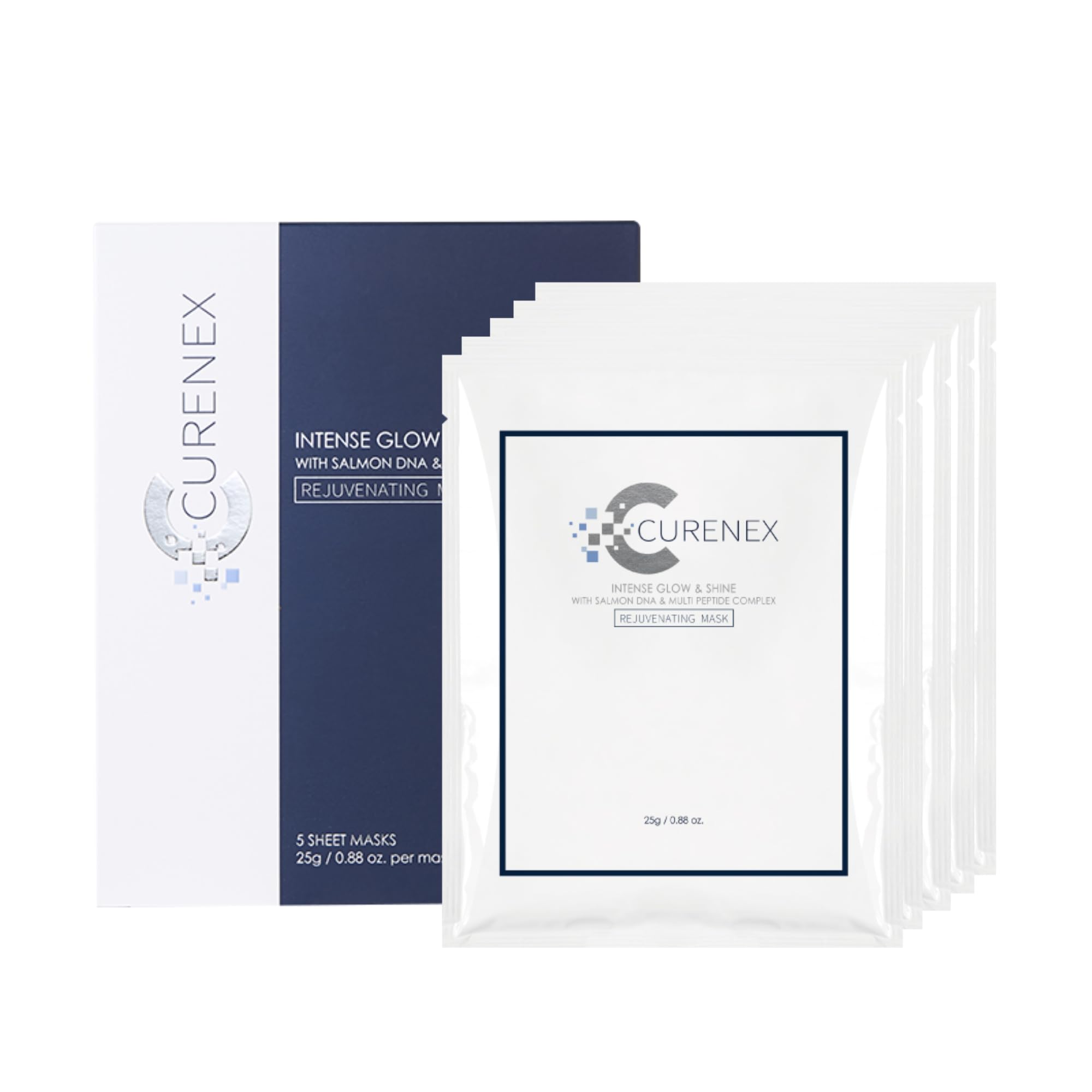 CURENEX Rejuvenating Salmon DNA Mask packaging close-up emphasizes premium hydration potential