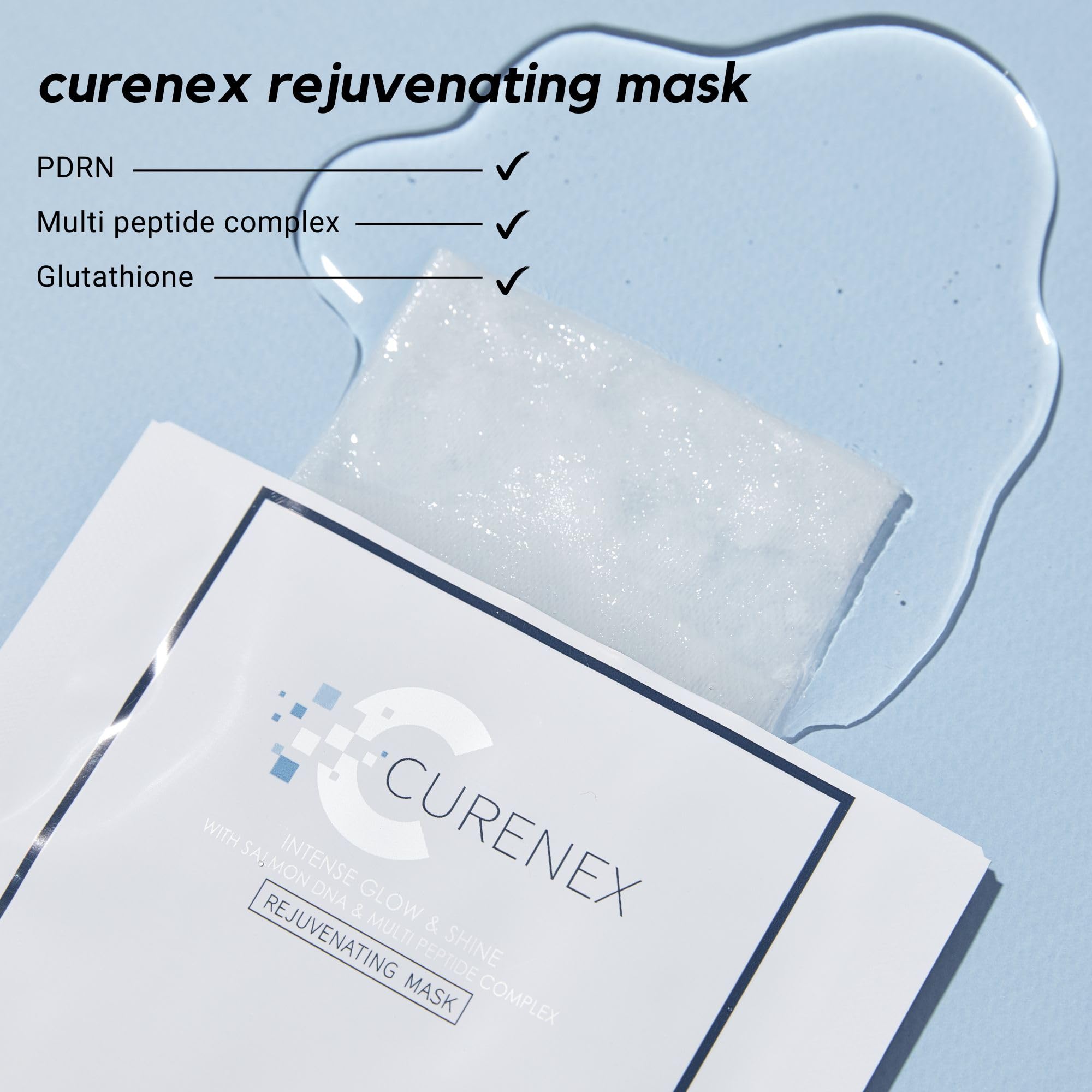 CURENEX Rejuvenating Salmon DNA Mask sheet on face highlighting immediate hydration and glow