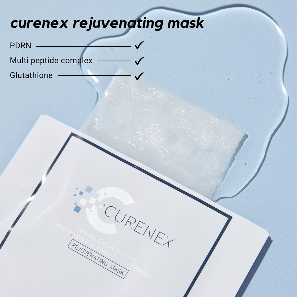CURENEX Rejuvenating Salmon DNA Mask sheet on face highlighting immediate hydration and glow