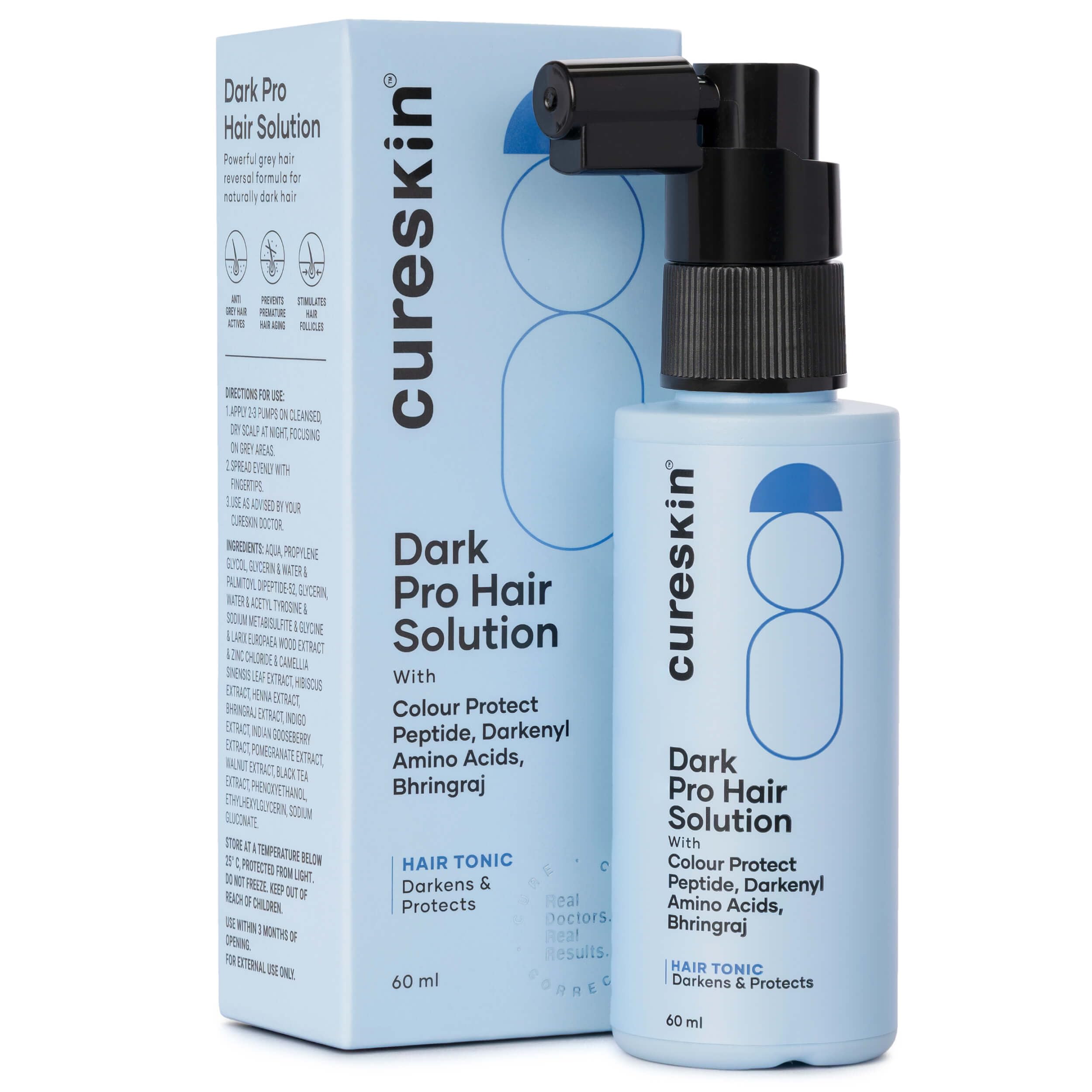 Sérum Cureskin: bouteille; montre des nuances plus foncées et naturelles pour les cheveux gris.