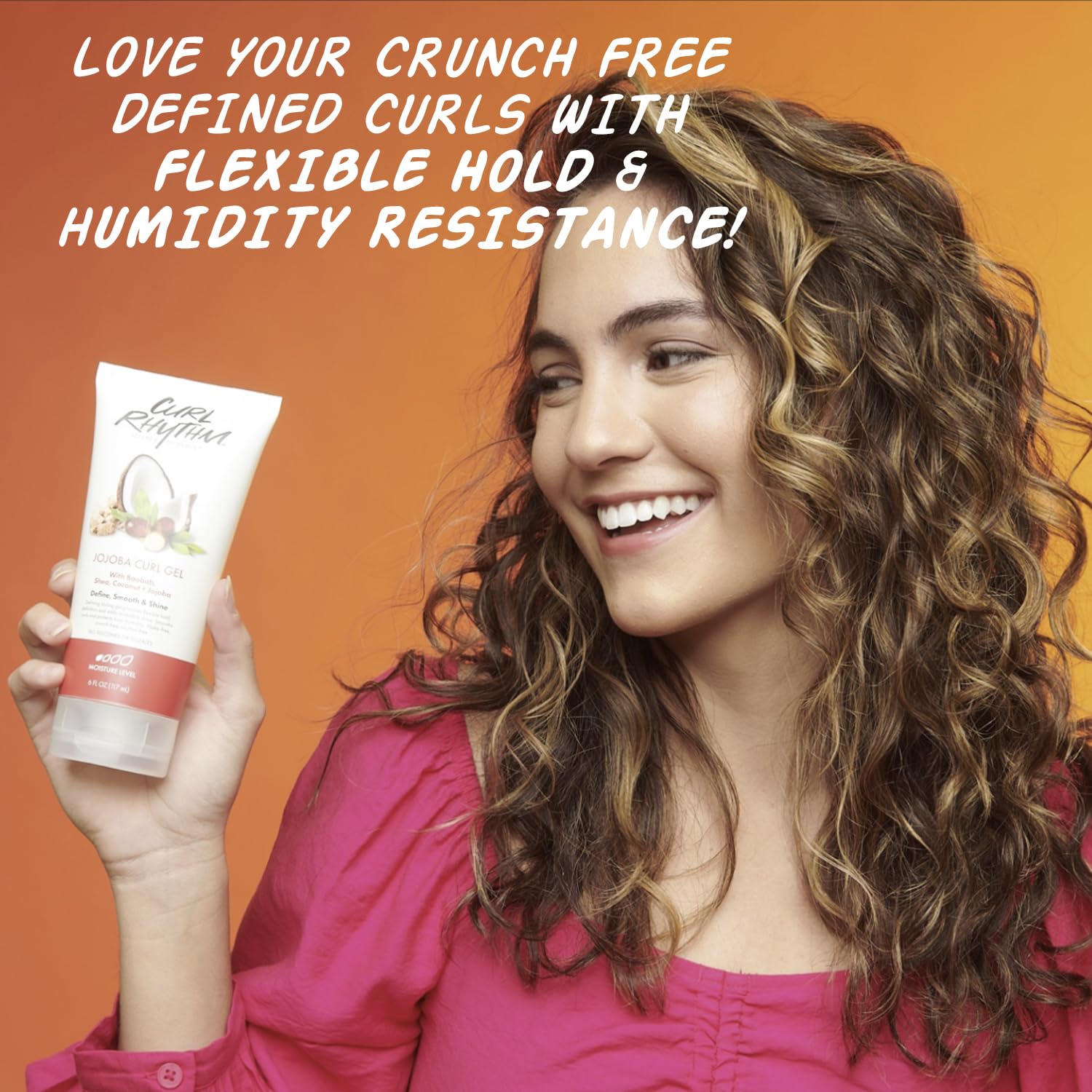 Curl Rhythm Gel Jojoba: brillance naturelle sans résidu pour cheveux bouclés.