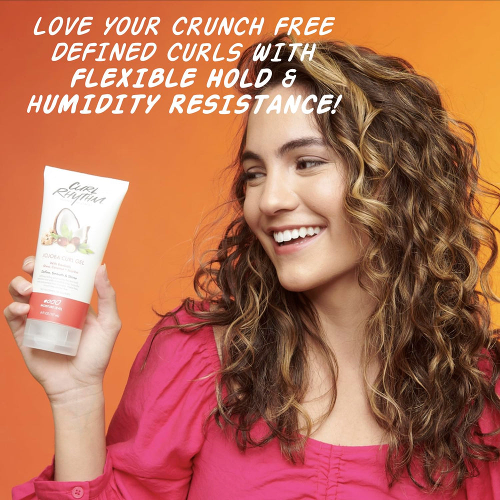 Curl Rhythm Gel Jojoba: brillance naturelle sans résidu pour cheveux bouclés.