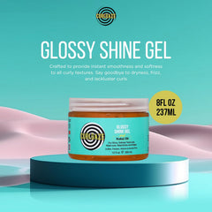 Curldaze Glossy Shine Gel close-up with kukui oil for glossy, nourished hair