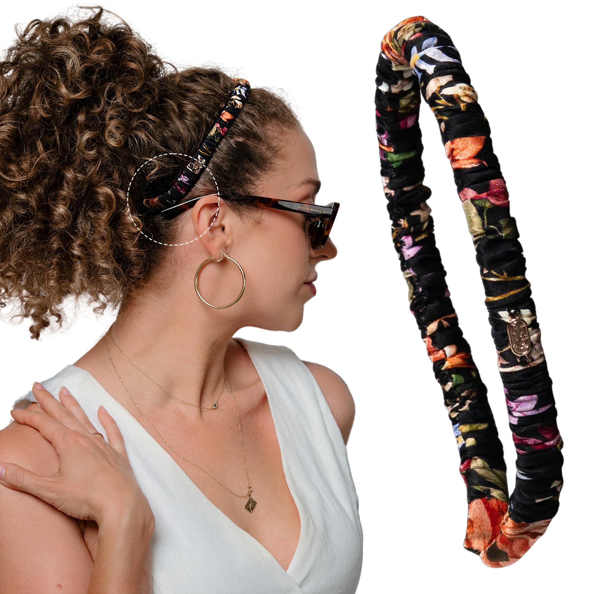 Curlfriend Collective Midnight Blooms Bandeau en soie 100% Mulberry, douceur pour cheveux bouclés.