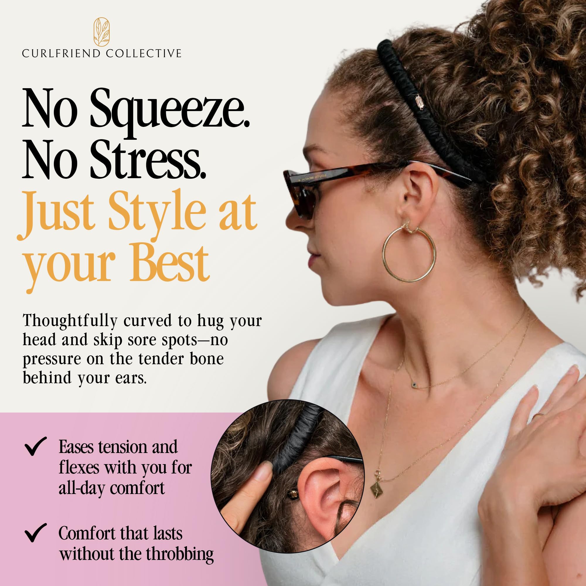 Bande Curlfriend Onyx compatible avec les lunettes grâce au cadre courbé.