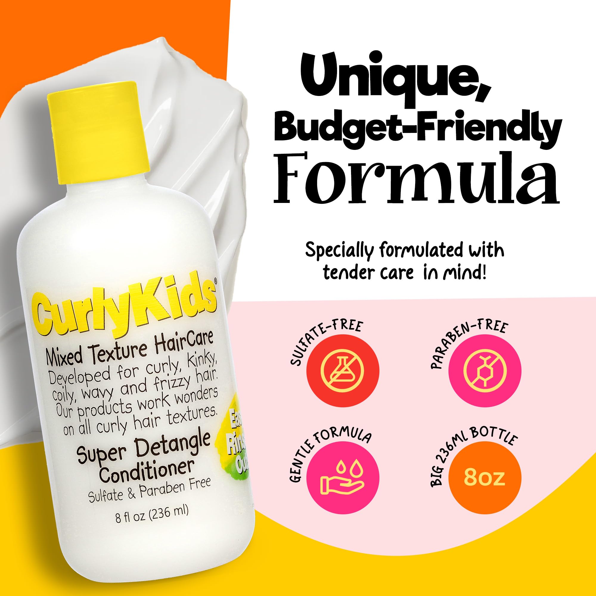 CurlyKids Démêlant sans sulfates, soin doux pour cheveux fragiles.