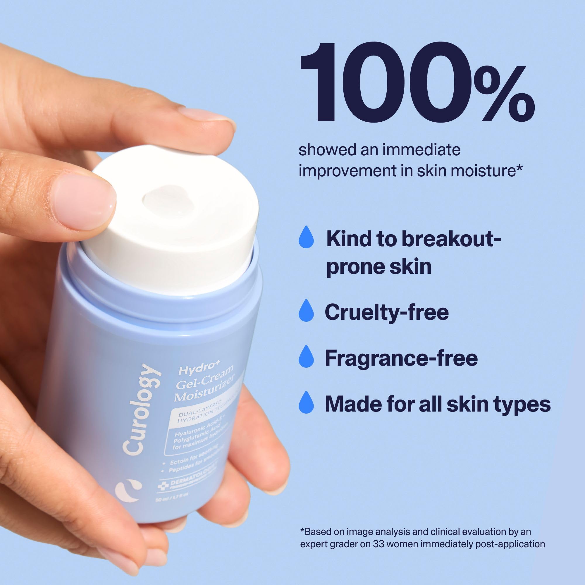 Formulation vegan sans parfum Curology Hydro+ adaptée à tous les types de peau.
