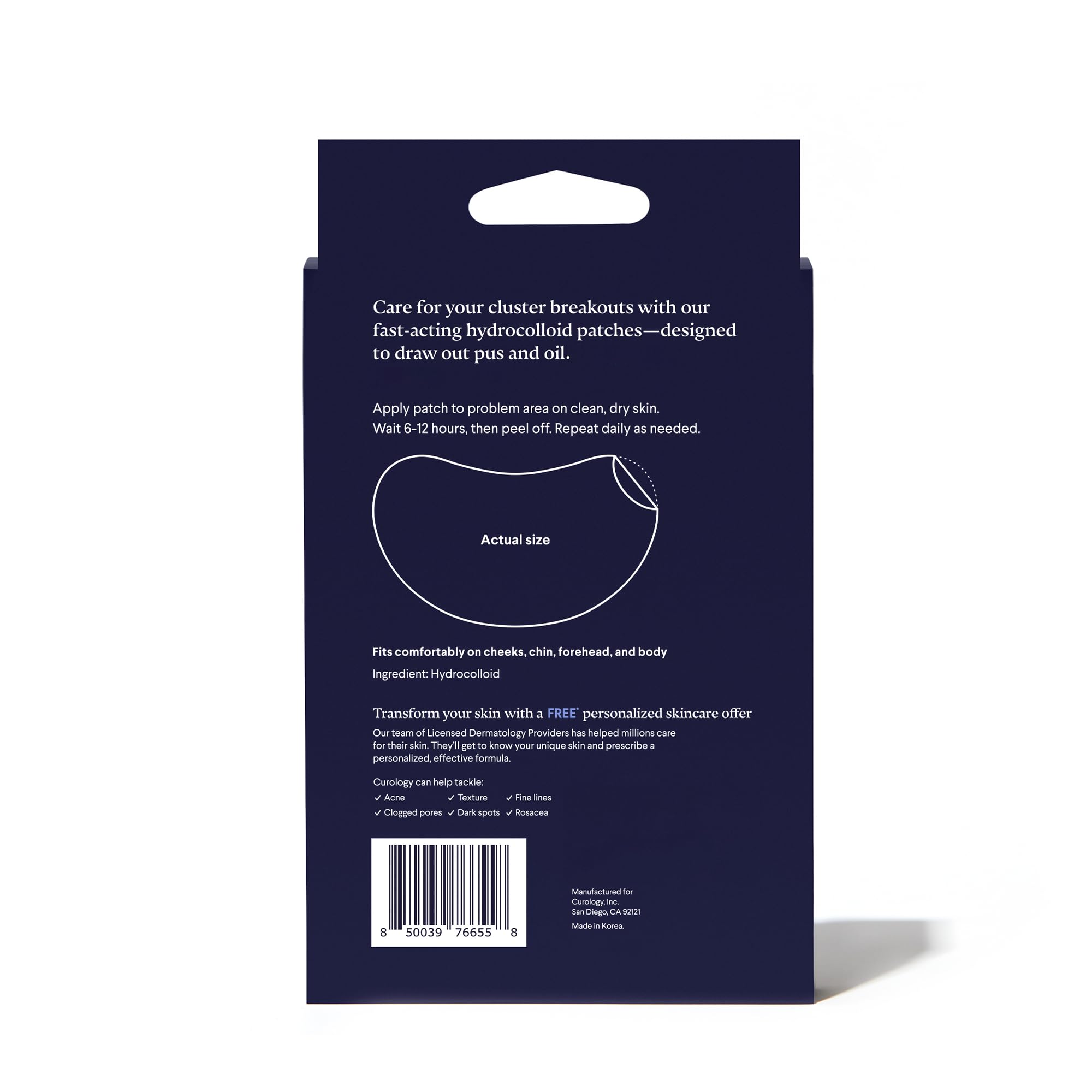 Pansement Curology testé dermatologiquement, vegan et cruelty-free.