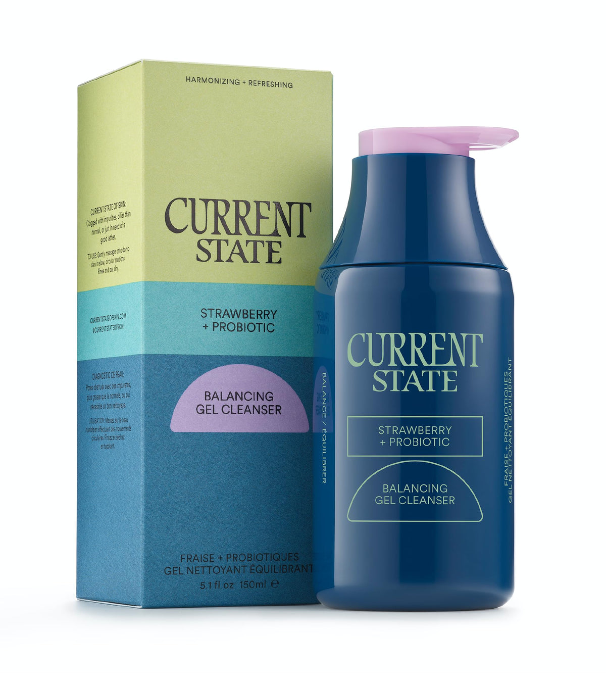 Current State gel nettoyant équilibrant fraise et probiotiques, bouteille prête à l'emploi.