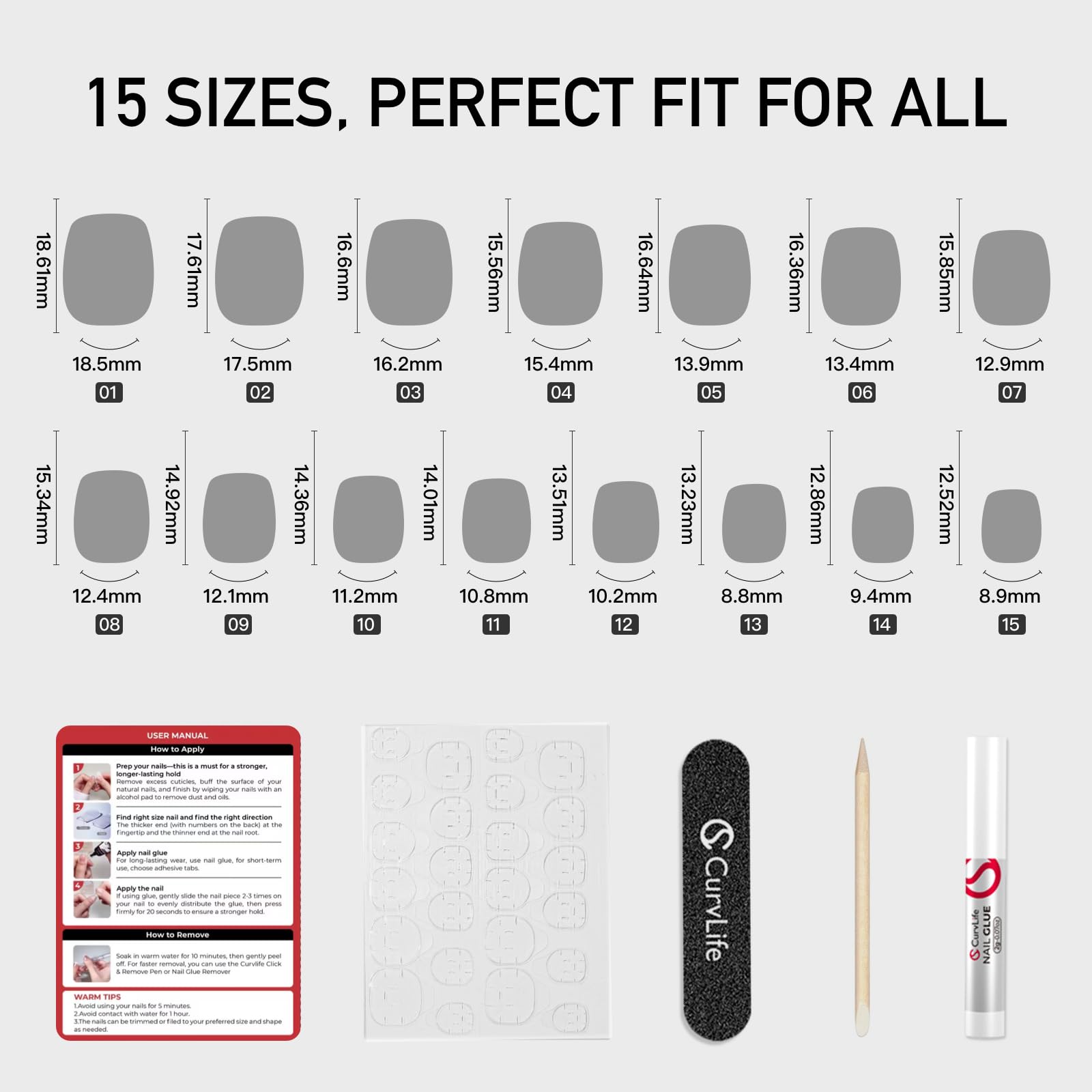 Curvlife storage box, glue, tabs, file, cuticle stick, and prep pad included for tidy at-home use.