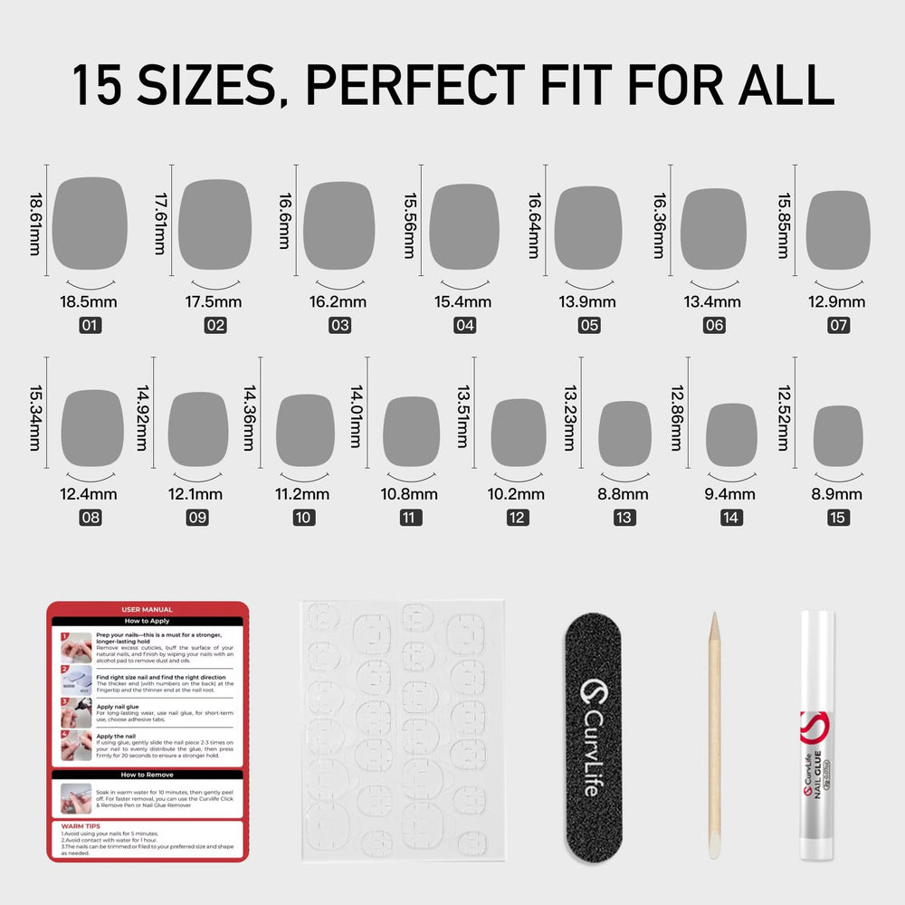 Curvlife storage box, glue, tabs, file, cuticle stick, and prep pad included for tidy at-home use.