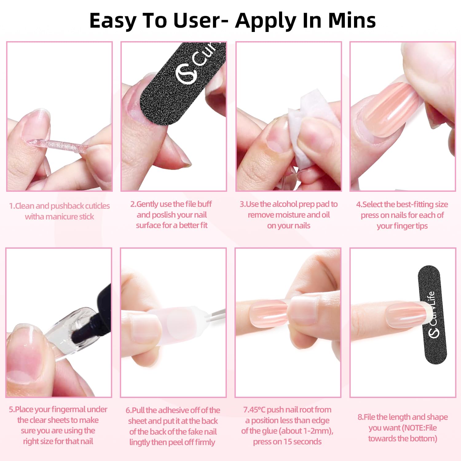 Emballage CurvLife avec 24 ongles et outils inclus pour une expérience complète.