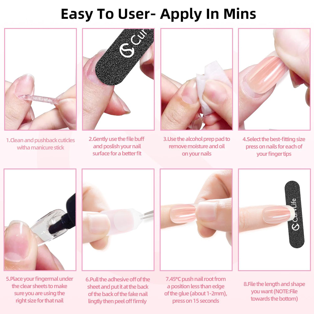 Emballage CurvLife avec 24 ongles et outils inclus pour une expérience complète.