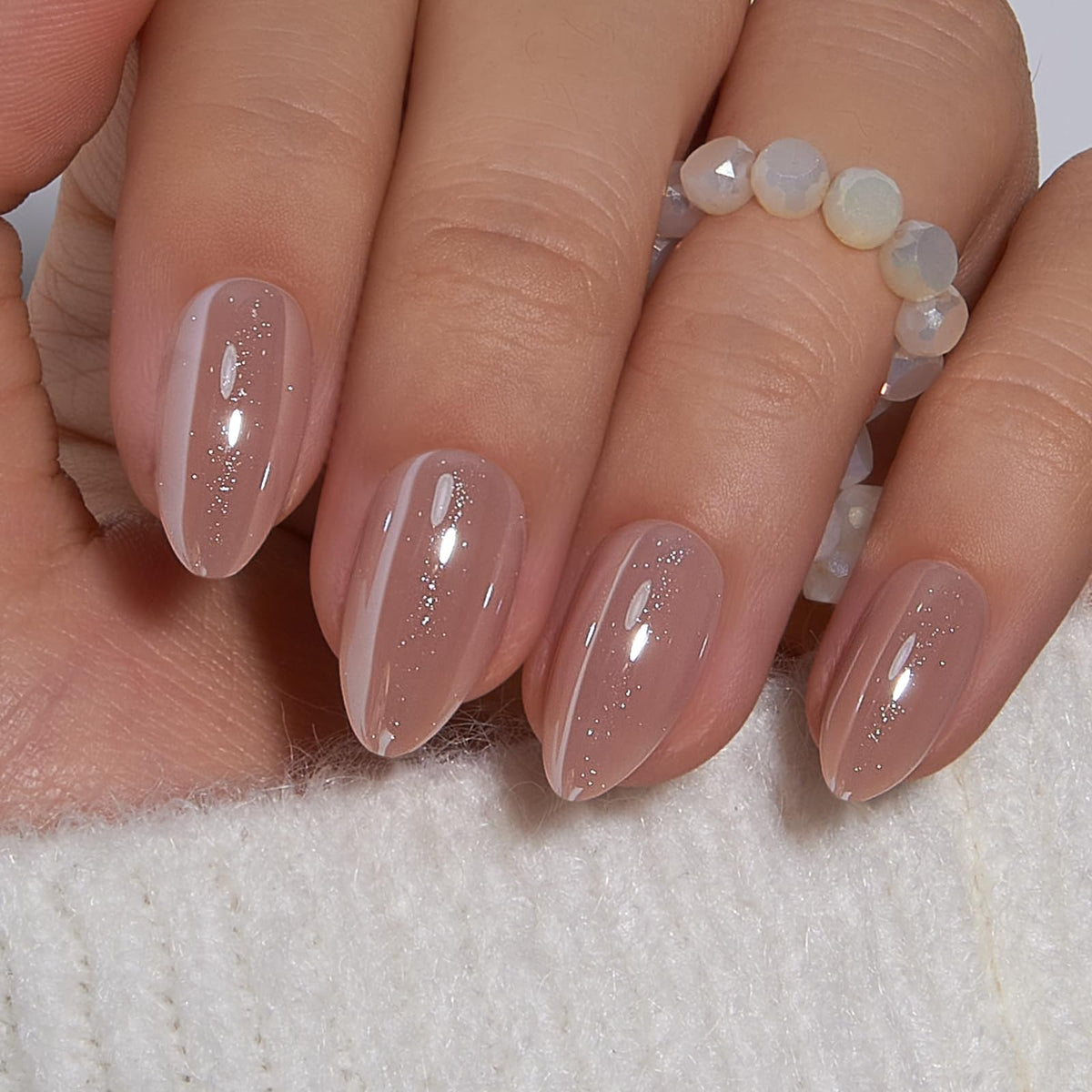 Curvlife Galaxy Cat Eye nails almond nude in medium length for durable daily wear