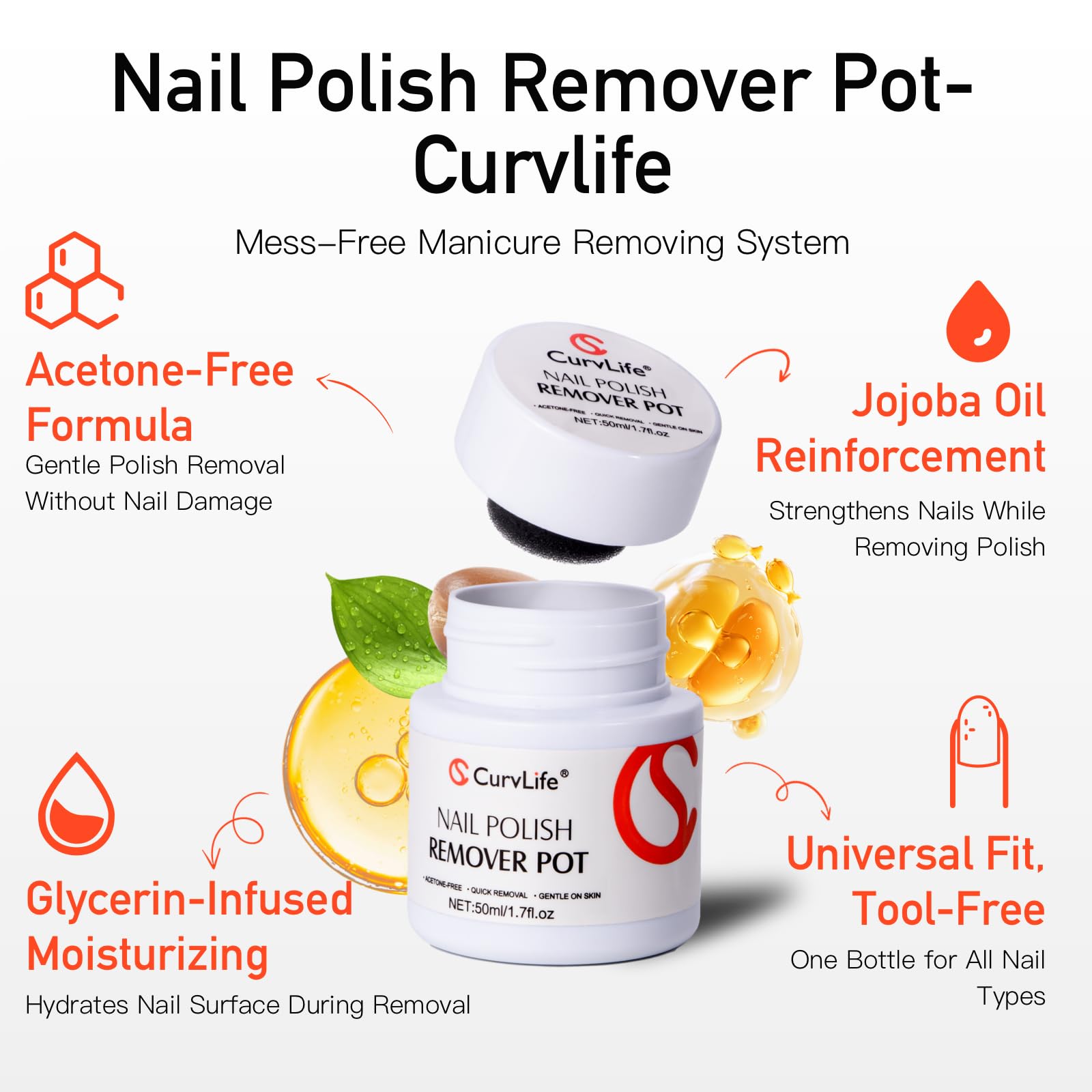 CurvLife huile jojoba pour nourrir les cuticules pendant le retrait.