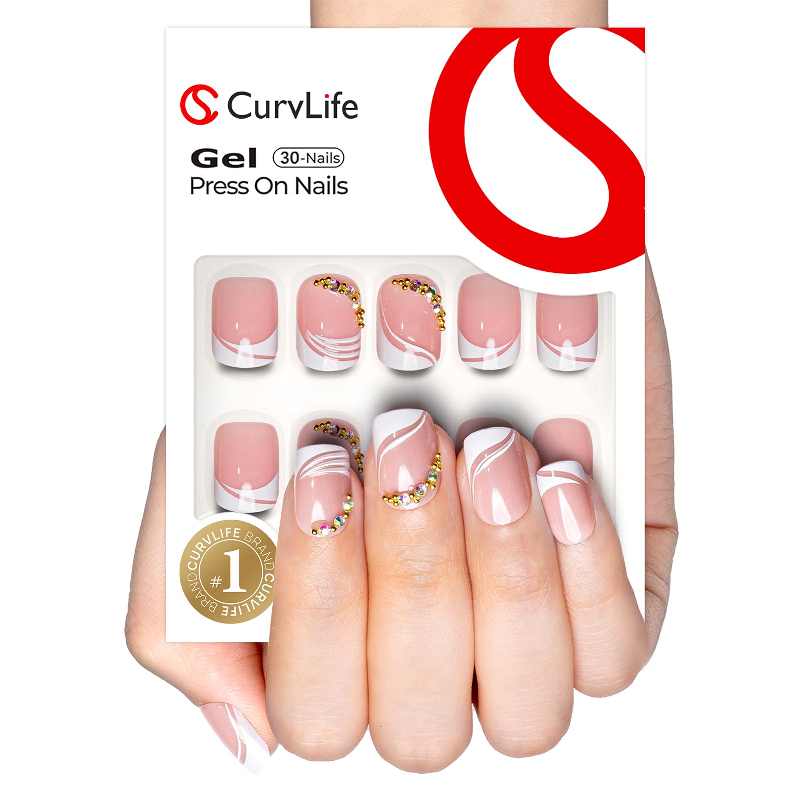 CurvLife onglets à poser avec strass blancs, allure élégante.