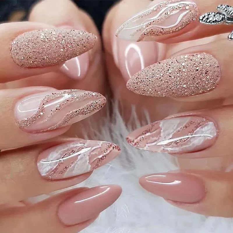Curvlife ongles faux en amande avec design lignes brillantes, port durable et réutilisables.