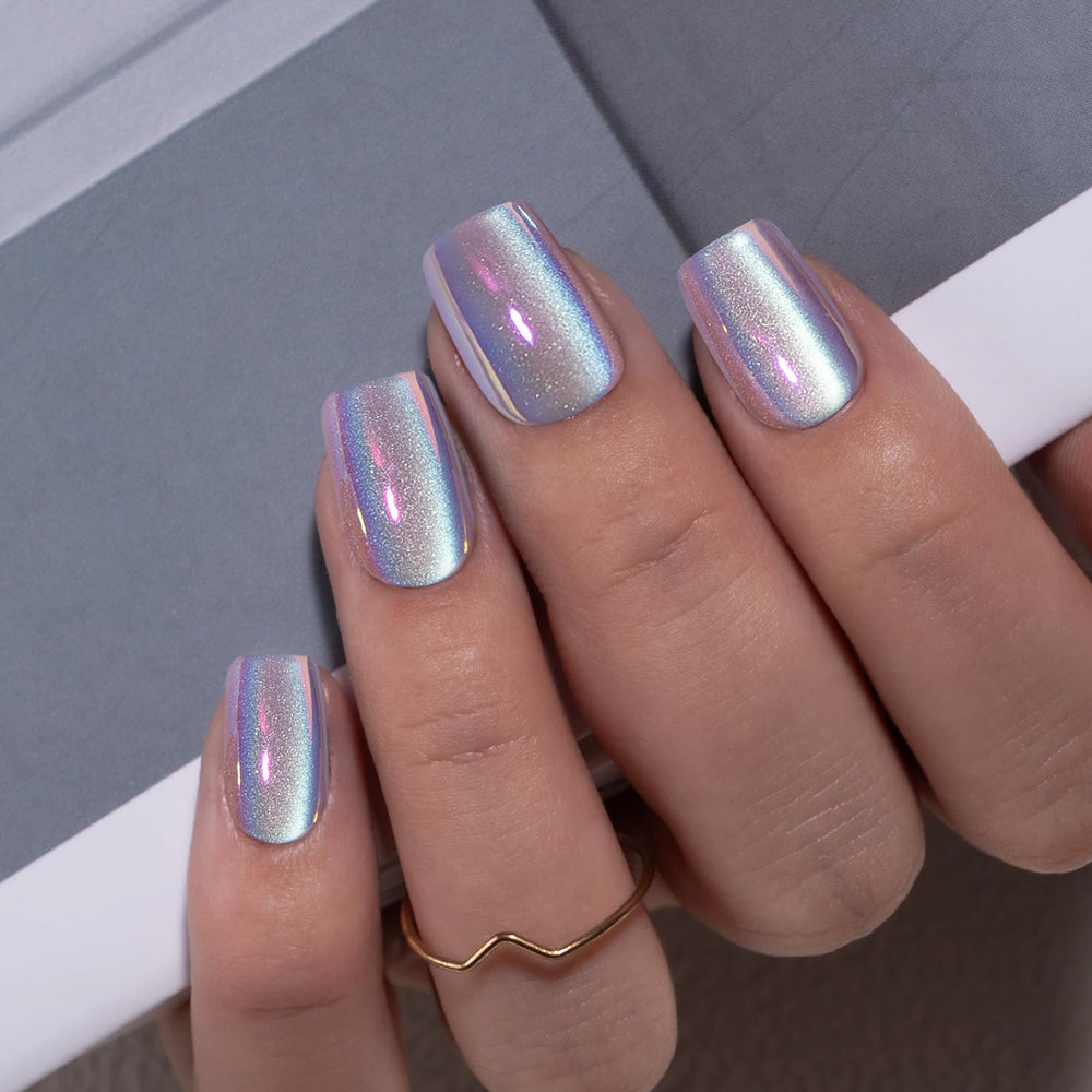 CurvLife ongnes gel œil-de-chat violet chrome avec motif abricot, look élégant et durable.