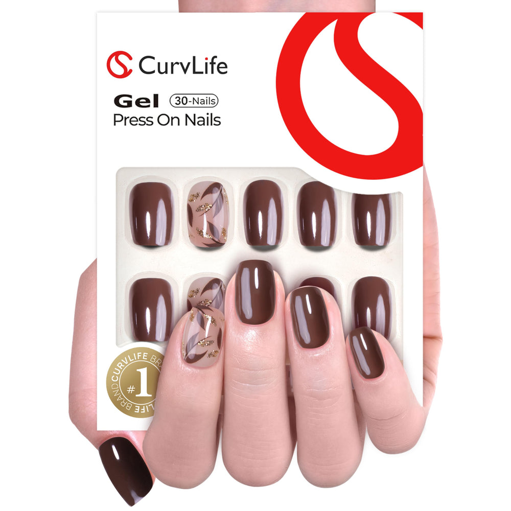 CurvLife onglets à poser en gel souple avec design botanique brun abricot pour un aspect naturel