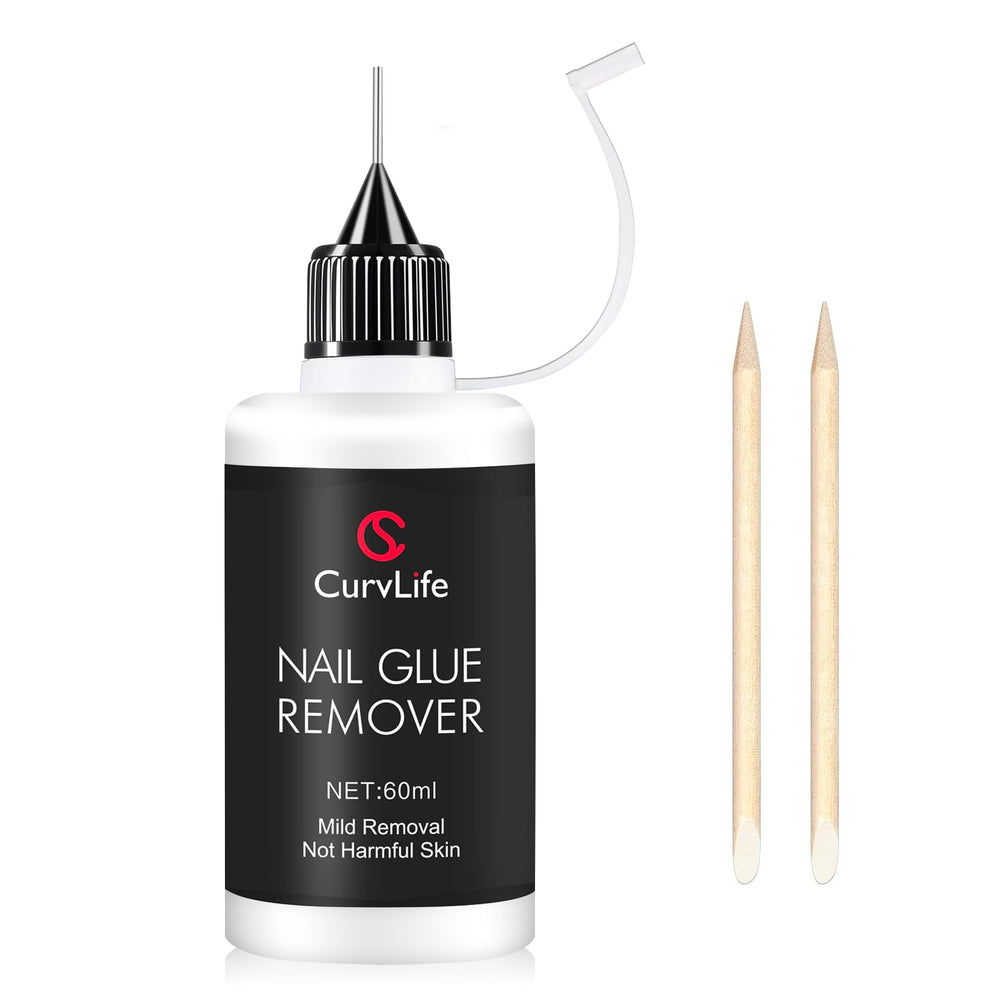 CurvLife Pinpoint Nail Glue Remover bottle shown for on-the-go use, gentle and effective