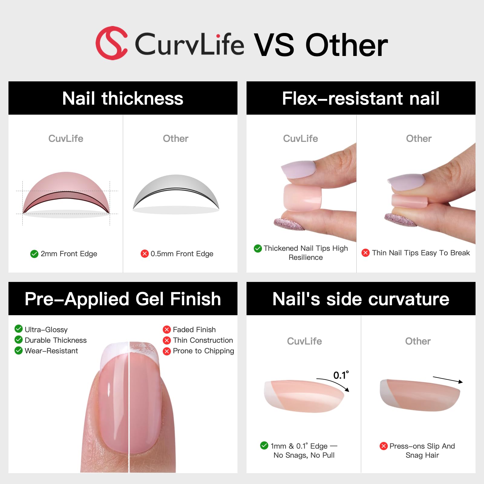 Curvlife nails show a salon-finish in minutes for effortless style.
