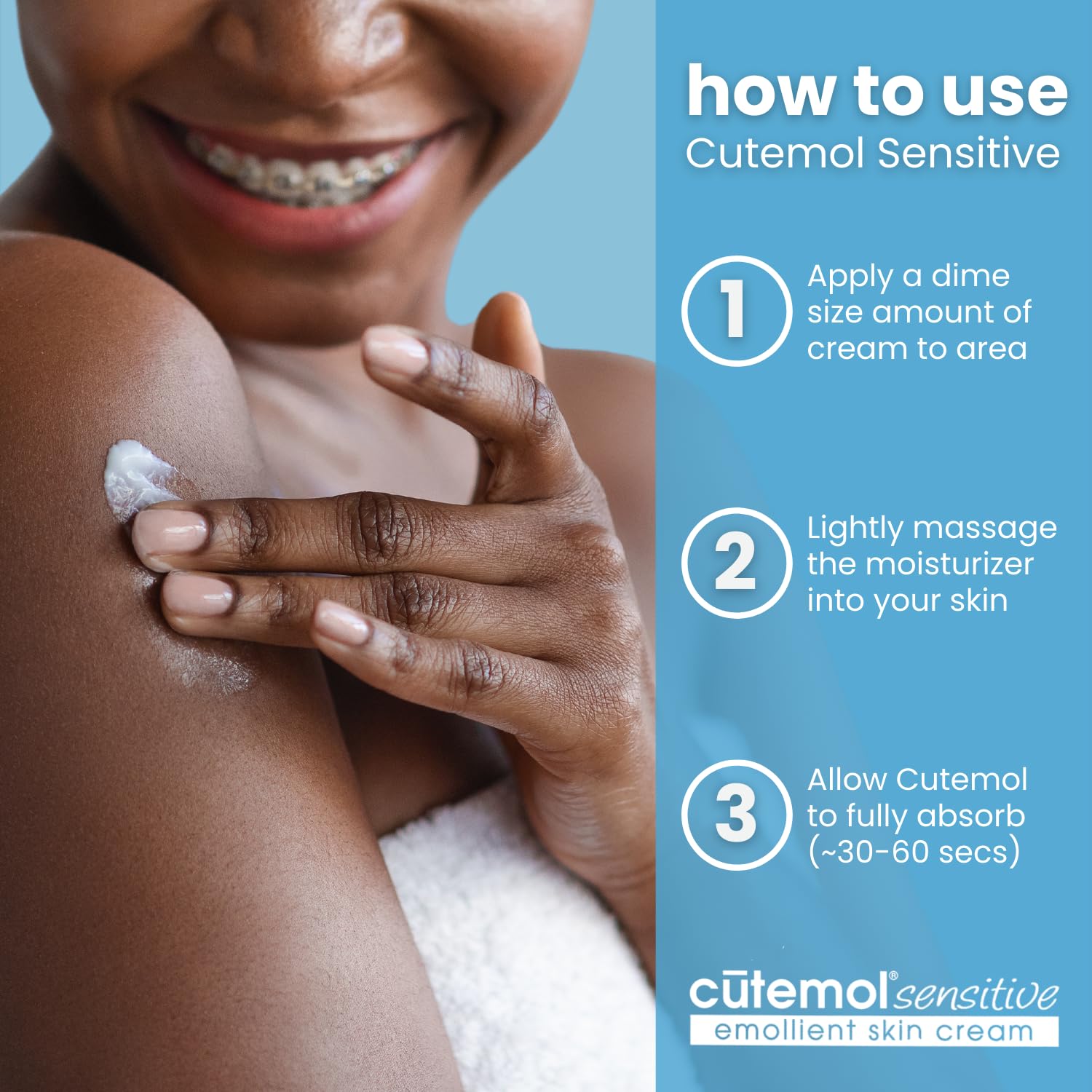 Utilisation quotidienne de Cutemol sur le corps pour hydratation sans parfum.